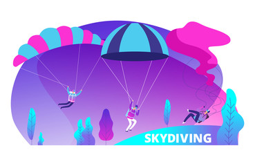 Skydiving vector background with cartoon jumpers. Illustration of extreme parachute, skydiving activity jumper