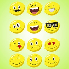 A set of simple smiling lemon. A cartoon character. Cute smiling lemon icon isolated on green background.