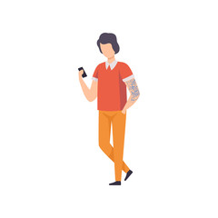 Young Man Wearing Casual Clothes with Smartphone, Guy Having Tattoo on His Arms Vector Illustration
