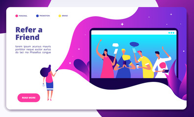 Refer friend. Recommend friends jobs big shout friendly recommendations marketing referral telling refer vector landing page. Recommend friend, announcement marketing, refer program illustration