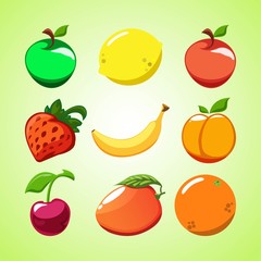 Creative layout of fruit and berries. Red and green apples, strawberries, lemon, orange, cherry, peach, mango and banana on a green background.