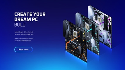 Gaming PC motherboard isometric illustration, custom computer components for workstation, computer store and service