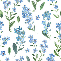 Watercolor seamless pattern of gentle blue flowers of forget-me-not with green leaves on white background.