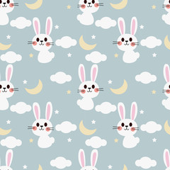 Cute white bunny on the sky seamless pattern.