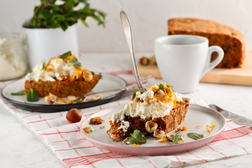 carrot fruit cake with nuts and cream