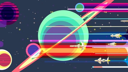 Space rockets flying past large planets and stars, retro futurism, animation