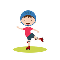 Fototapeta premium Cute cartoon boy rollerblading.Children physical activities outdoors.