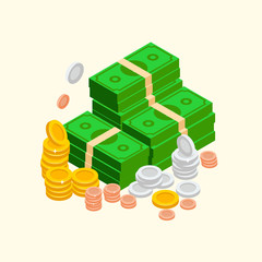 Pile of money isometric icon, vector illustration with golden and silver coins and cash, paper dollars bundles. Wealth condition illustrated elements.