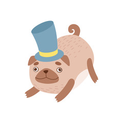 Cute Pug Dog Gentlemen Wearing Top Hat, Funny Friendly Animal Pet Character Vector Illustration