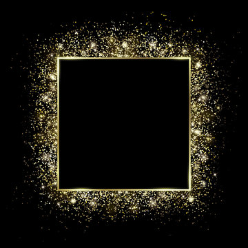 Golden square frame and Glitter. Glowing particles