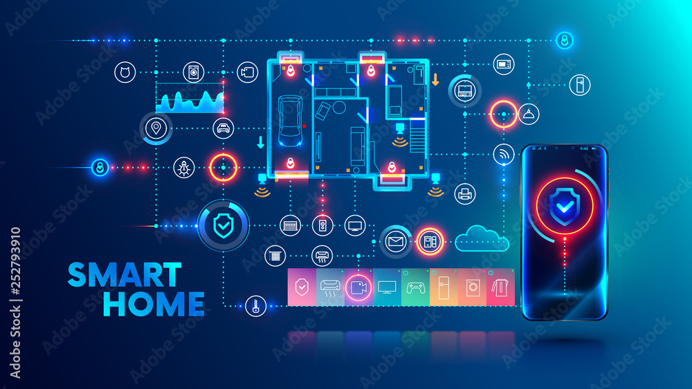 Aufkleber smart home system concept. phone controls house appliances and security via wireless network communi