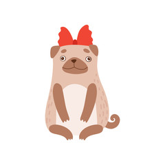 Cute Pug Dog Girl with Red Bow, Funny Friendly Animal Pet Character Vector Illustration
