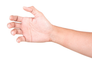 Male Caucasian hand gestures isolated over the white background. GRAB HAND.