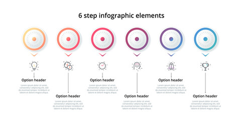 Business process chart infographic with 6 step circles. Circular corporate workflow graphic elements. Company flowchart presentation slide template. Vector info graphic design.