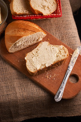breads and butter concept of teasty home food close up on table