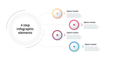 Business process chart infographic with 4 step circles. Circular corporate workflow graphic elements. Company flowchart presentation slide template. Vector info graphic design.