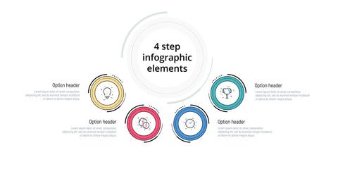 Fototapeta na wymiar Business process chart infographic with 4 step circles. Circular corporate workflow graphic elements. Company flowchart presentation slide template. Vector info graphic design.