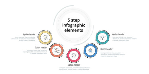 Business process chart infographic with 5 step circles. Circular corporate workflow graphic elements. Company flowchart presentation slide template. Vector info graphic design.