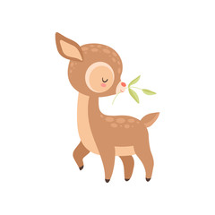 Cute Baby Deer with Twig in Its Mouth , Adorable Forest Fawn Animal Vector Illustration