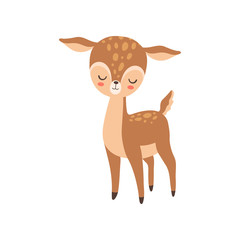 Cute Baby Deer Standing with Closed Eyes, Adorable Forest Fawn Animal Vector Illustration