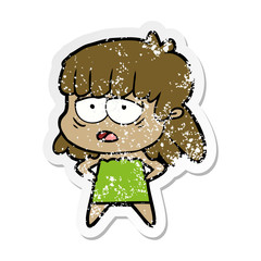 distressed sticker of a cartoon tired woman