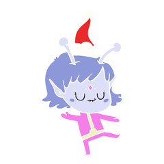 flat color illustration of a alien girl wearing santa hat