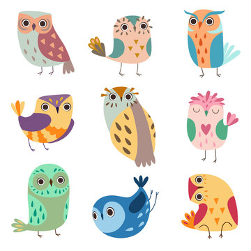 Collection of Cute Owlets, Colorful Adorable Owl Birds Vector Illustration
