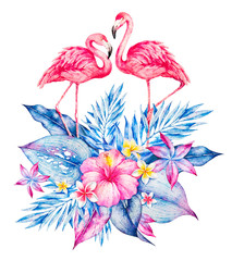 Fototapeta premium Flamingo in tropical leaves. Watercolor botanical Illustration. The composition of botanical flowers in tropical leaves.