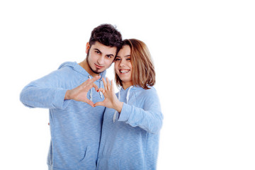 Full portrait of happy couple isolated on white.