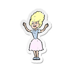 retro distressed sticker of a cartoon happy 1950s woman