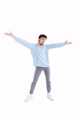 Portrait of a man gesturing freedom expression.