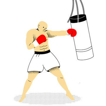 Boxer beats a punching bag. Trendy vector flat illustration isolated on white background in linear style.