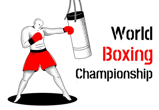 Boxer beats a punching bag. Trendy vector flat illustration isolated on white background in linear style.