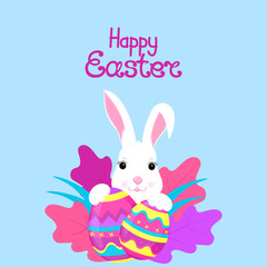 Obraz na płótnie Canvas Cute white bunny looks out of the bush. Easter eggs. Rabbit Vector Cartoon Character. Greeting card.