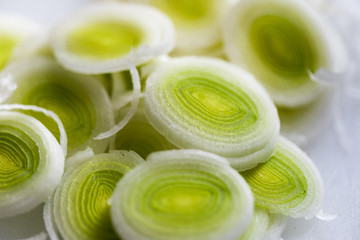 Leek rings pattern. Macro photo of Sliced leek 