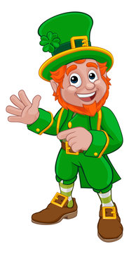 A Leprechaun St Patricks Day Irish cartoon character pointing and waving