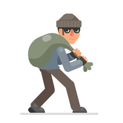 Housebreaker with bag of loot sneak away evil greedily thief cartoon rogue bulgar character flat design isolated vector illustration