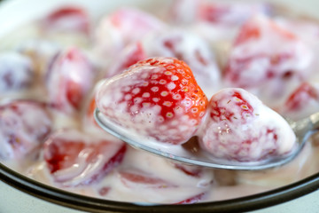 Red strawberry and white yogurt brulee. Fruit dessert on breakfast with wedges of perfectly ripe in season strawberry, closeup