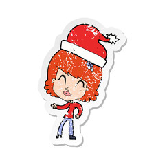 retro distressed sticker of a cartoon woman ready for christmas