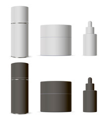 Cosmetic Bottle Packaging Set with Dropper, Cream Jar and Spray Can Isolated in Black and White. Realistic 3d Object Template. Body Hygiene and Spa Products with Moisturizer and Serum.