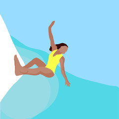 Flat style illustration. Summer beach surfing illustration. Longboard women surfing