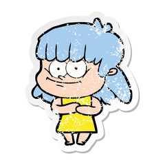 distressed sticker of a cartoon smiling woman