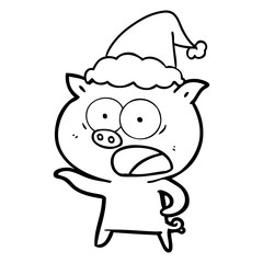 line drawing of a pig shouting wearing santa hat