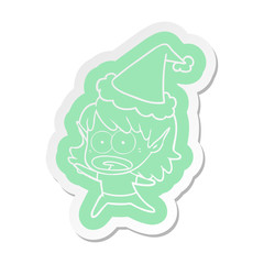cartoon  sticker of a shocked elf girl wearing santa hat