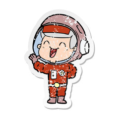 distressed sticker of a happy cartoon astronaut