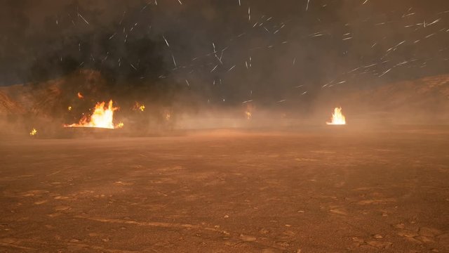 The battlefield in the smoke in the middle of explosions on an uncharted planet. Looped realistic animation.