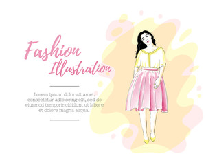 Fashion girl in a skirt and blouse or dress. Classic feminine style wardrobe. Beauty template.