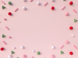 3d rendering. Geometric forms composition. Pink, green, red and white shapes on a pastel pink background.  Flat lay, top view, front view, copy space. 