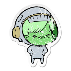 distressed sticker of a cartoon astronaut woman