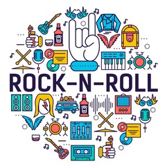 Naklejka premium Premium quality ROCK'N'ROLL outline icons collection set. Music equipment linear symbol pack. Modern template of thin line logo, symbols, pictogram and flat illustrations concept.